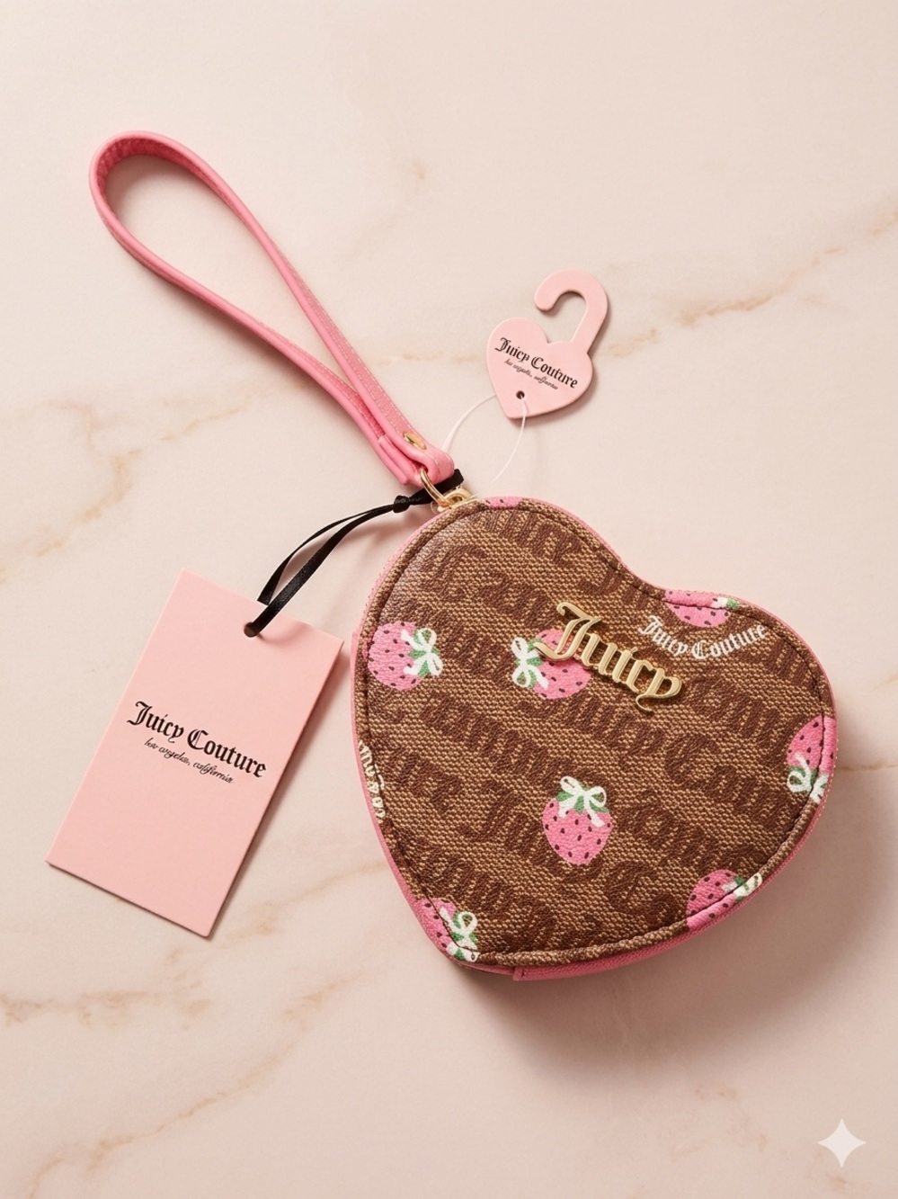 Juicy Couture Brown and Pink Heart-Shaped Strawberry Wristlet